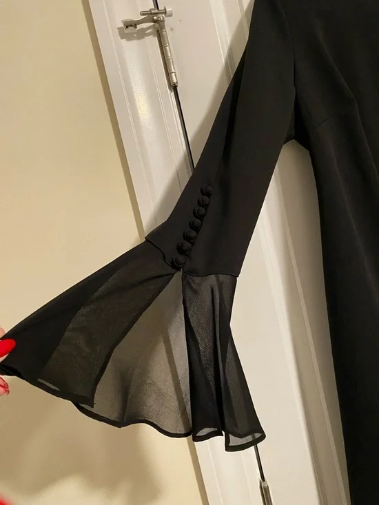 Calvin Klein Black Long-Sleeve Shift Dress with Bell Cuffs Perfect LBD - Picture 2 of 6